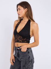 Halterneck Tie-Knot Lace Crop Top