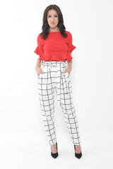 Grid Check Paper Bag Tie Waist Trousers