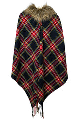 Faux Fur Collar Tartan Check Cape