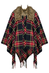 Faux Fur Collar Tartan Check Cape