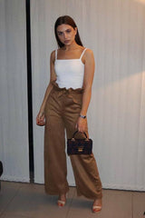 Suede Paper Bag Wide Leg Trousers
