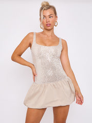 Sequinned Puffed Hem Mini Balloon Dress