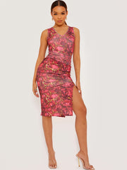 Self -Krawatten -Knoten Marmorabdruck Rippen Midi Kleid
