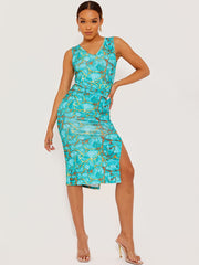 Self -Krawatten -Knoten Marmorabdruck Rippen Midi Kleid