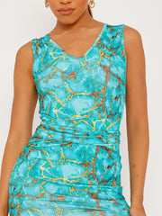 Self -Krawatten -Knoten Marmorabdruck Rippen Midi Kleid