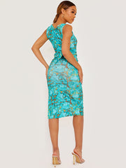 Self -Krawatten -Knoten Marmorabdruck Rippen Midi Kleid
