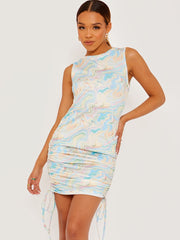 Marble Print Sleeveless Ruched Dress