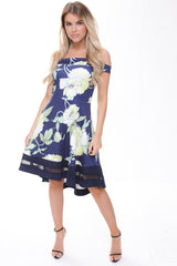 Botanic Print Mesh Insert Bardot Skater Dress