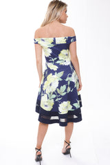 Botanic Print Mesh Insert Bardot Skater Dress