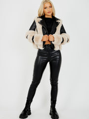 Faux Fur Trim PU Biker Jacket