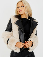 Faux Fur Trim PU Biker Jacket