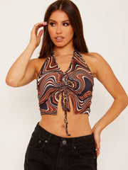 Marmeren print front ruched halter crop top