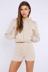 Zipped Hooded Crop Top & Seam Detail Shorts Fleece Co-ord