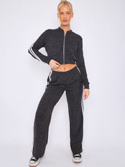 Melange Knit Zip Up Crop Top & Trouser Co-ord With Stripe Detail