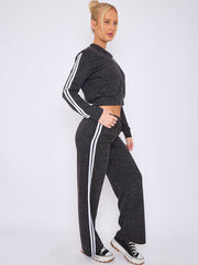 Melange Knit Zip Up Crop Top & Trouser Co-ord With Stripe Detail