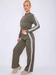 Melange Knit Zip Up Crop Top & Trouser Co-ord With Stripe Detail