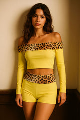 Off-Shoulder Leopard Print Top & Ruched Shorts Co-ord