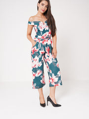 Floral Print V-Bar Bardot Culotte Jumpsuit
