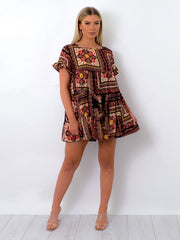 Floral Box Print Frill Tiered Smock Dress