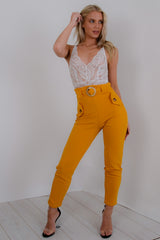 Wooden Look Buckle Belt Trousers