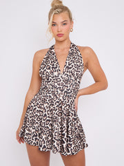 Leopard Print Slinky Halter Neck Frill Mini Dress
