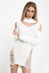 Cold Shoulder Choker Neck Ripped Ladder Distress Knitted Jumper