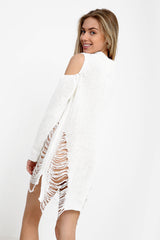 Cold Shoulder Choker Neck Ripped Ladder Distress Knitted Jumper