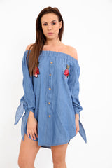 Floral Embroidered Knot Sleeve Bardot Dress
