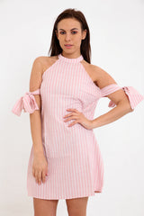 Choker Neck Striped Arm Tie Linen Shift Dress