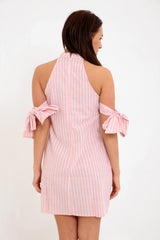 Choker Neck Striped Arm Tie Linen Shift Dress