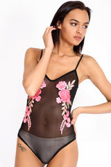 Mesh Floral Embroidered Cami Bodysuit