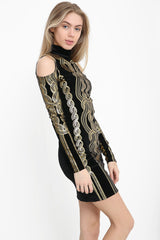 Cold Shoulder Gold Foil Print Velvet Dress