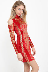 Cold Shoulder Gold Foil Print Velvet Dress