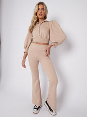 Quilted Gold Button Crop Top & Flare Trouser Co-ord