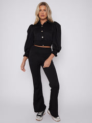 Quilted Gold Button Crop Top & Flare Trouser Co-ord