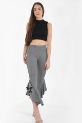 Gingham Check Flared Frill Hem Cropped Trousers
