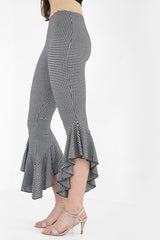Gingham Check Flared Frill Hem Cropped Trousers