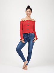 Button Front Knitted Bardot Crop Top