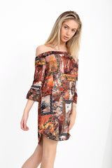 Multi Abstract Print Bardot Dress