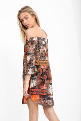 Multi Abstract Print Bardot Dress