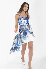Sweetheart Floral Abstract Asymmetric Dip Hem Chiffon Dress