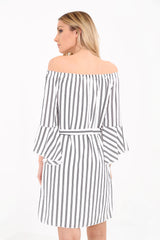 Tie Knot Belted Striped Bardot Dress