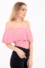 Bardot franje halslijn bodysuit