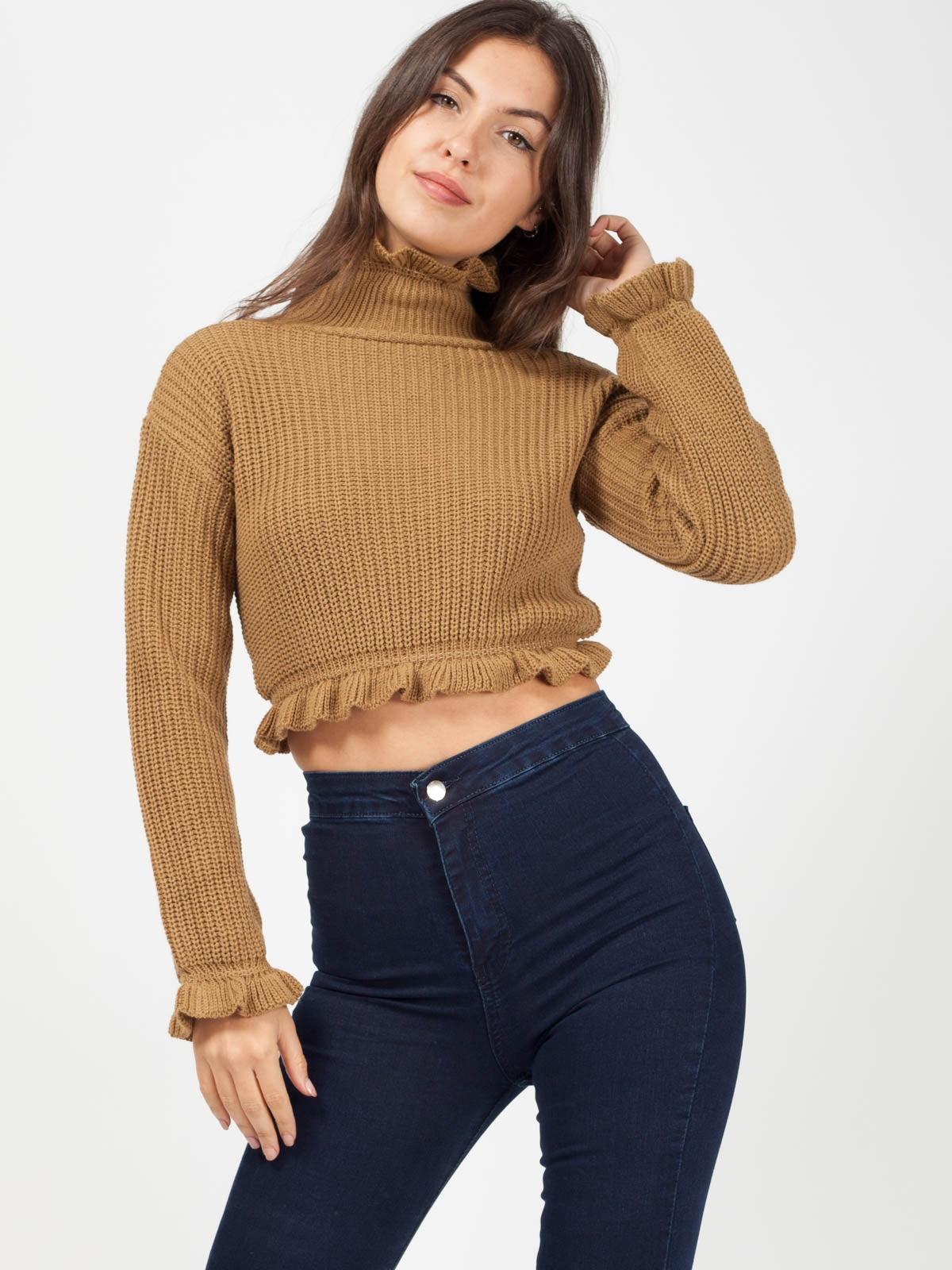 Ruffle Detail Cropped Knitted Jumper