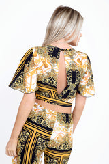 Patterned Print Tie Knot Key Hole Crop Top