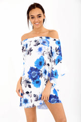 Floral Frill Sleeve Oversized Bardot Shift Dress