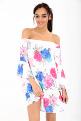Floral Frill Sleeve Oversized Bardot Shift Dress