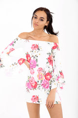 Rose Print Frill Sleeve Bardot Shift Dress