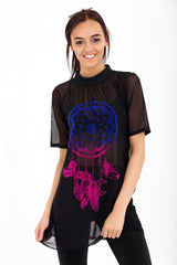 Feather Embossed Front Mesh T-Shirt Dress