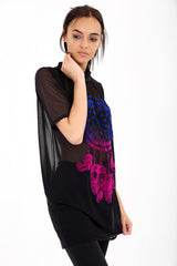Feather Embossed Front Mesh T-Shirt Dress